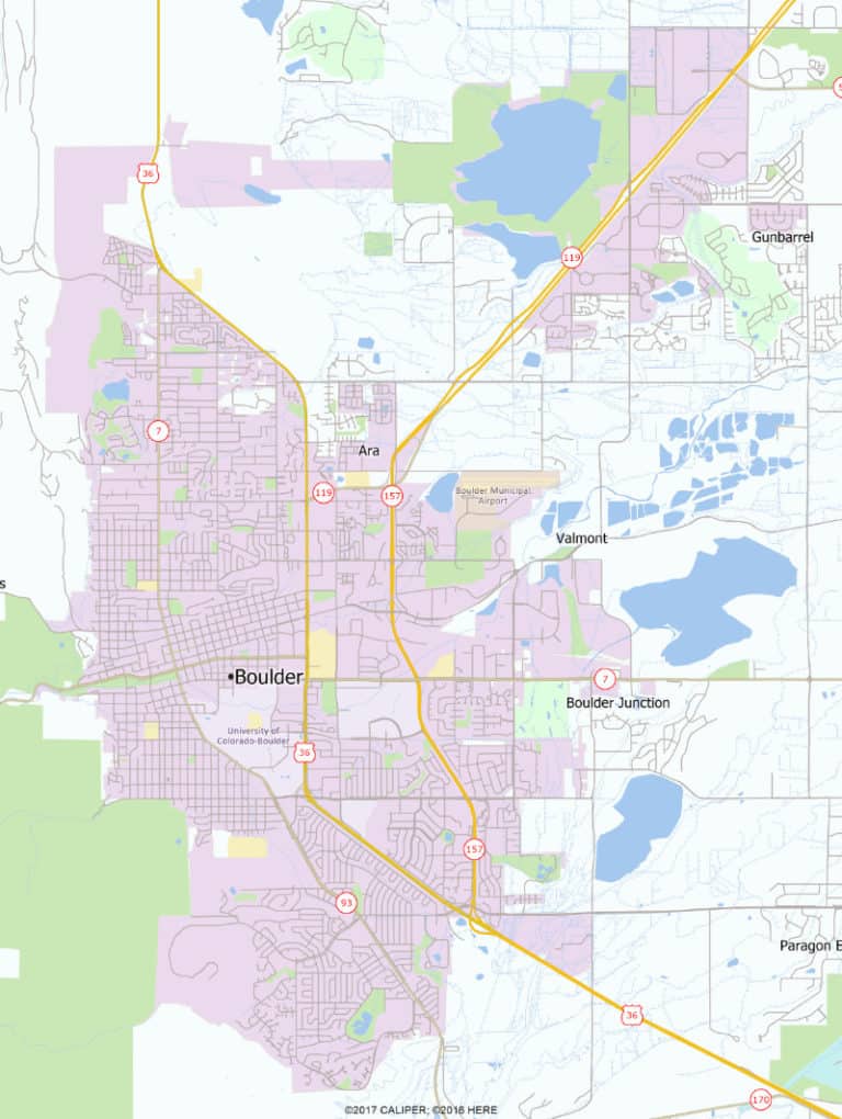 Street map of Boulder, Colorado and nearby communities. Knowing the neighborhoods is important when buying a home for sale.