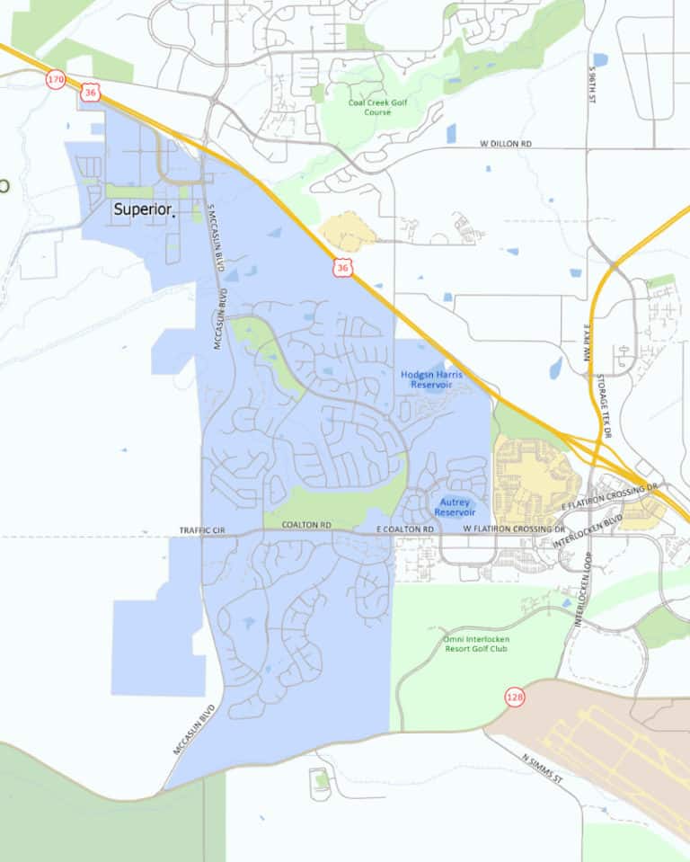 Street map of Superior, Colorado. Knowing the neighborhoods is important when buying a home for sale.